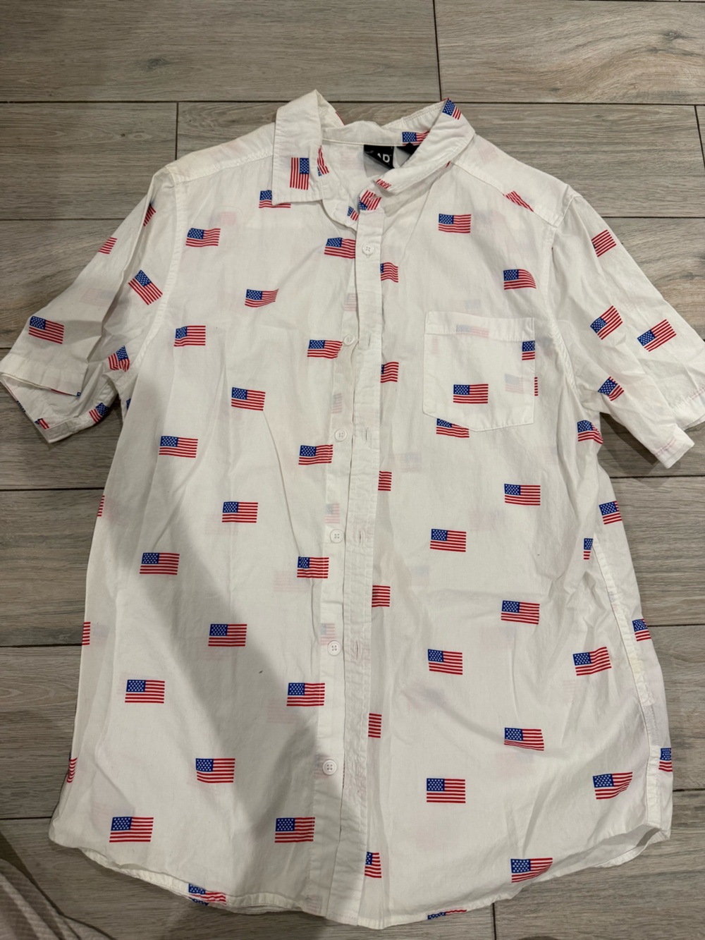 MAD Engine White Short-Sleeve Button-Up Shirt with American Flag Print